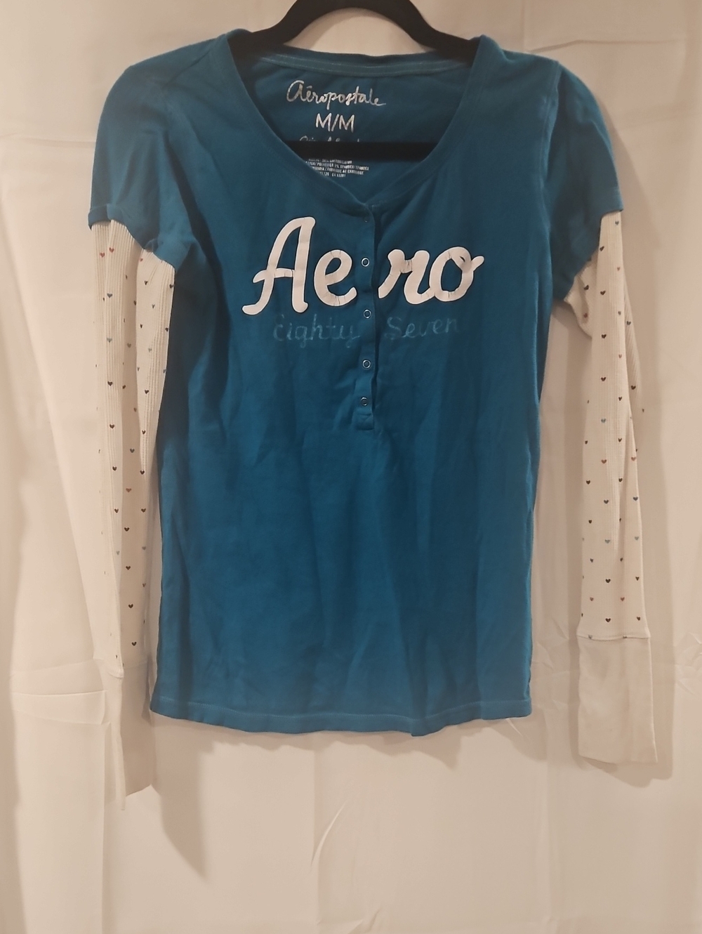 Aeropostale Teal Henley-Layered Top with White Heart-Print Sleeves
